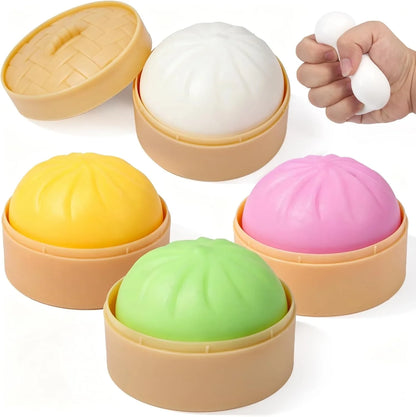 4 Pack Dumpling Squishies Toy Mystery Box Random Color, Colorful Dumplings Stress Balls Fidget Sensory Toy, Bun with Food Steamer Stretchy Desk Toys Soft Squeeze Decompression Dough for Adults Kids
