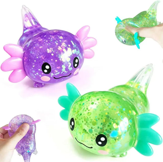 2pack Glitter Axolotls Squishies Toy, Axolotls Stress Relief Toy,Soft Squeeze Sensory Fidget Gadget for Teen & Adult, Office Desk Decor, Party Favors(Purple+Green)