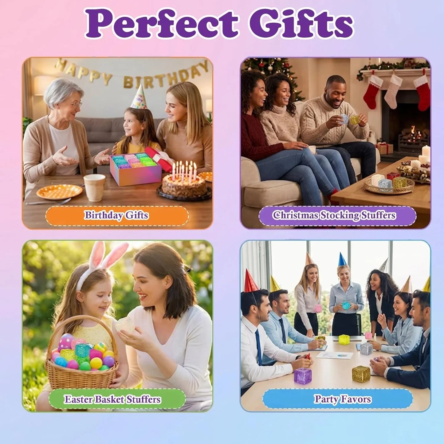 12 Pack Glitter Stress Cube Fidget Toys - Sensory Squeeze Toys for Stress & Anxiety Relief, Squishy Ice Cube Fidgets for Calm, Focus, Sensory Toys for Kids & Adults