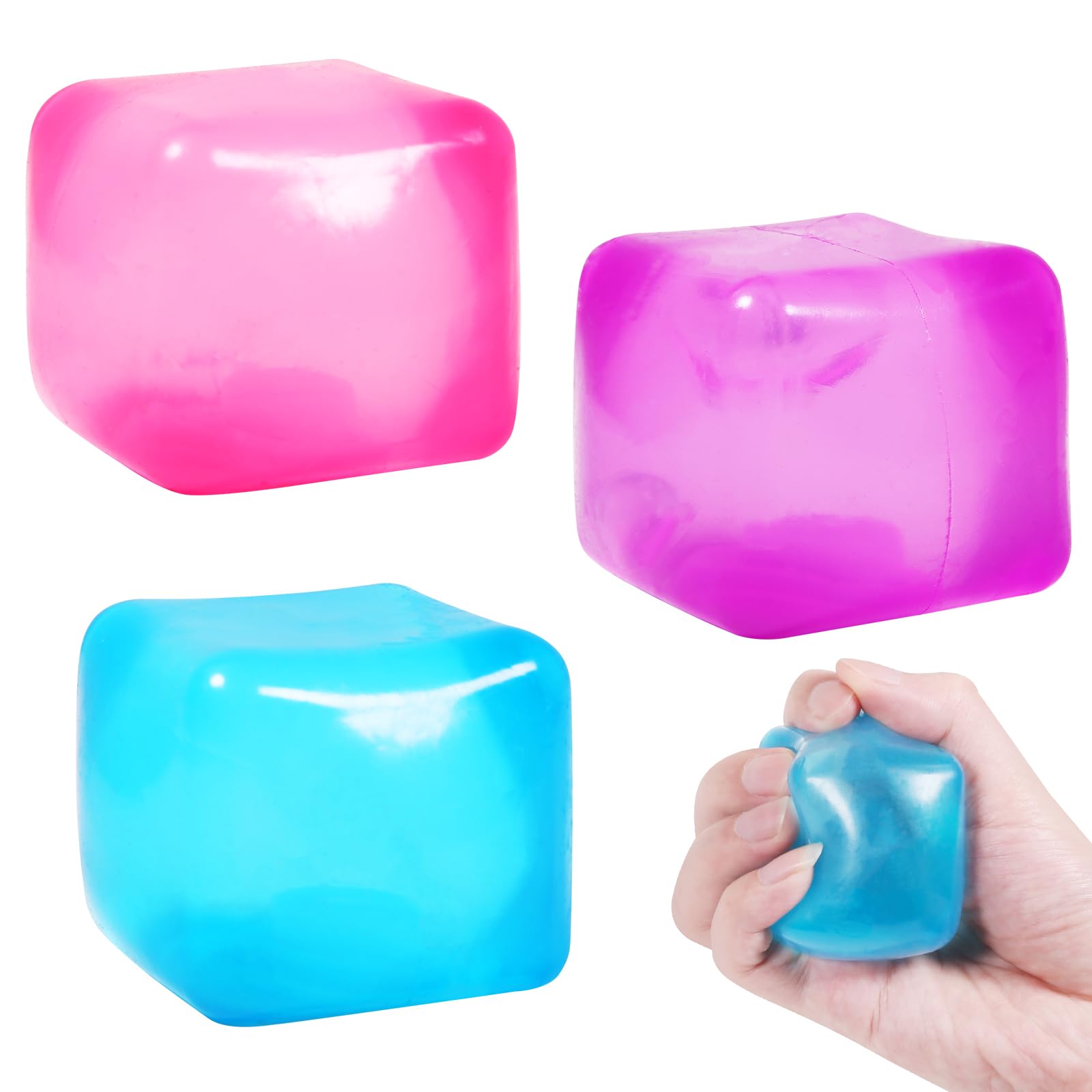 Nice Cube Translucent NeeDoh...Groovy Glob! Squishy, Squeezy, Popping, Stretchy Stress Fidget Cubes Complete Gift Set Party Bundle with Storage Bag - 3 Pack (Purple, Pink & Blue)