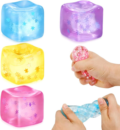 Fidget Toy Stress Cube- 4 Pack Sensory Squeeze Toys, Slow Rising Squishy Cube Filled with Thick Substance and Snowflakes Crafts, Anxiety Stress Relief Calming Tool for Adults and Kids - US 8773