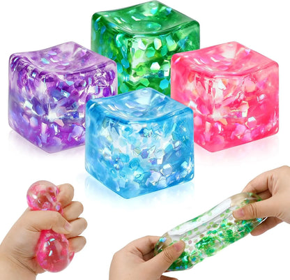 4 Pack Glitter Ice Cube Squishy, Slow Rising Stress Relief Toys, Square Stree Balls Fidget Toys for Adults Boys Girls, Squeeze Ball Sensory Toys for Kids with Autism, Party Favors Gifts - US 1158