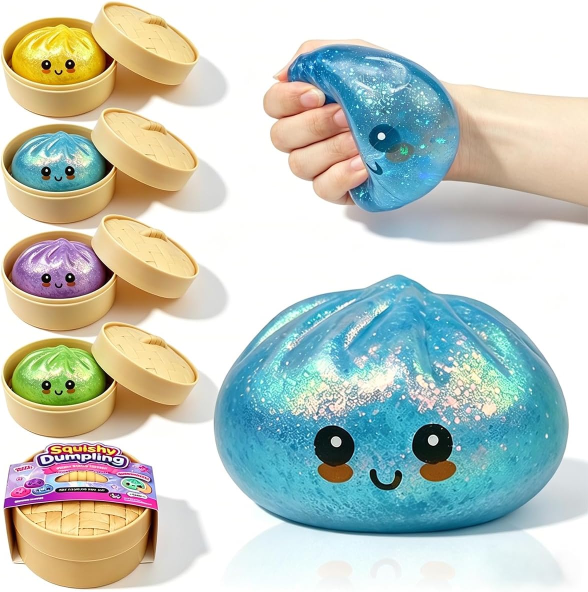 Anditoy Dumpling Stress Balls Glitter Squishy Toys Giant Squishy Mystery Box Squeeze Toys for Adults Stress Relief Desk Toys Kids Party Favors Birthday Gifts (Blue) - US 1631