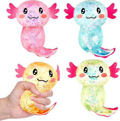 Sezua Squishy Fidget Stress Ball - 4 Pack Taba Squishies Squeeze Sensory Axolotl Toys, Axolotl Squishy Sugar Stress Ball Toys for Adults Kid, Glitter Salamander Gift for Party Birthday Christmas - US 2699