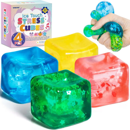 4 Pack Fidget Toy Stress Cube, Slow Rise Stress Balls Ice Cube,Mellow and Chill,Square Squishy Balls for Anxiety Relief,Cube Squishy,Prize Box Toys for Kids Classroom Birthday Gifts Party Favors - US 5358