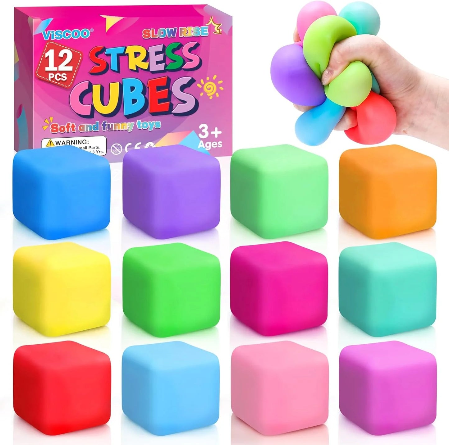 12 Pack Slow Rising Stress Cube, Dough Stress Balls Squishy Fidget Toys for Anxiety Relief, Soft Fidget Cube, Pull Stretch Squishy Toys for Classroom Prize, Party Favors for Kids Adults - US 6204