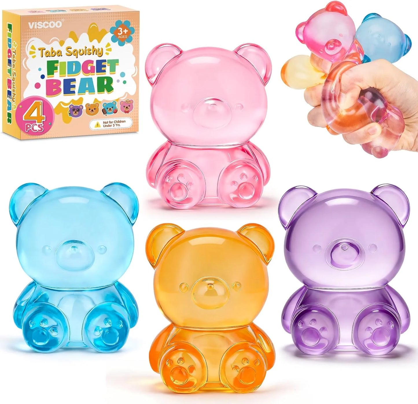 VISCOO 4 Pack Stress Bear Squishy Ball, Sugar Filled Gummy Bear Toys, Taba Squishy Toys for Kids Stress Relief, High Density Stress Balls for Calming - Soft Squeeze Balls Party Favors Birthday Gifts - US 9363