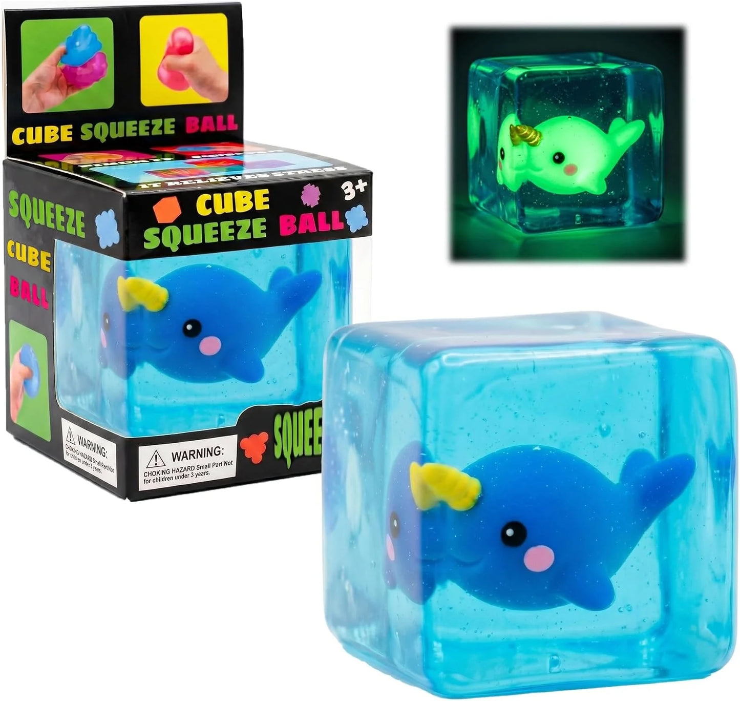 Cube Squeeze Ball Stress Fidget Toy, Glow in the Dark Gel Filled Ice Cube, Slow Rising Squishy Sensory Toy for Anxiety Relief, Kids and Adults (Narwhal) - US 8440