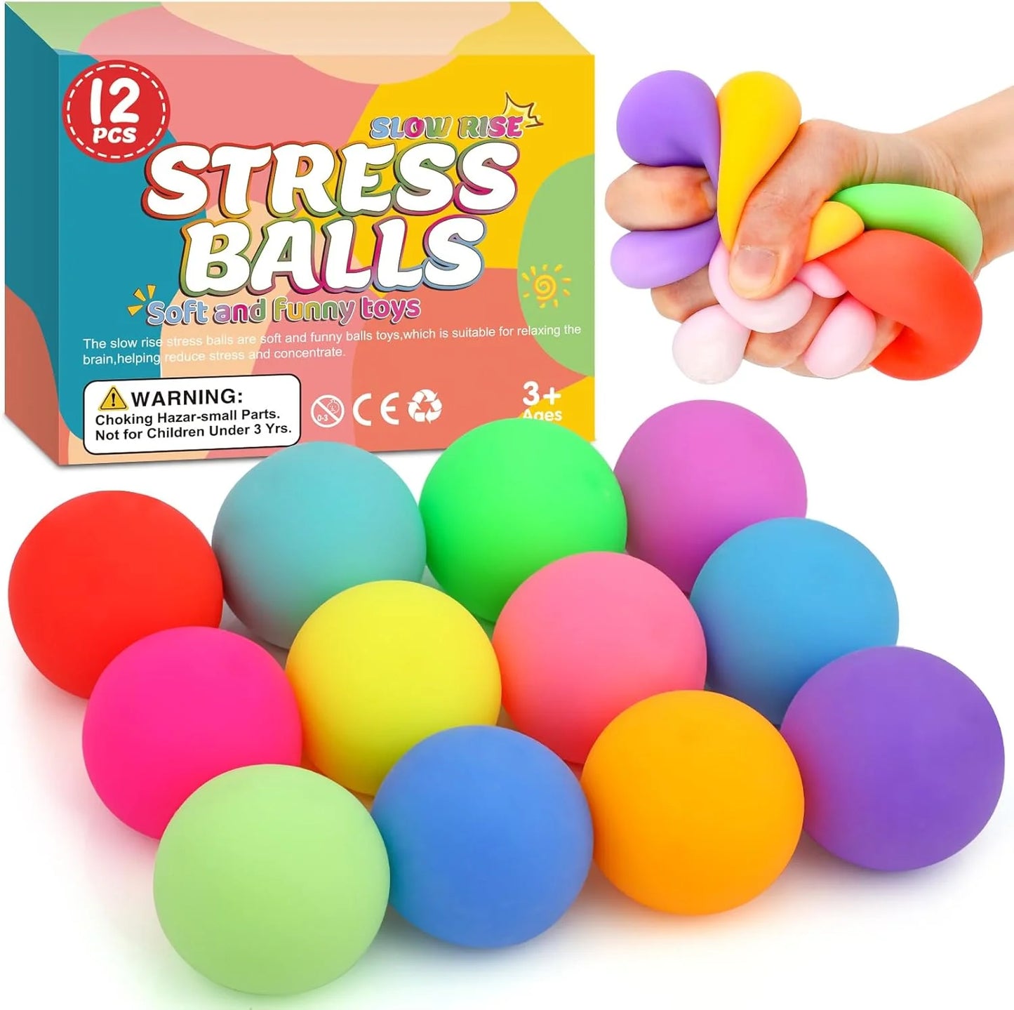 12 Pack Slow Rising Stress Ball,Stress Balls for Kids Adults,Stretchy Fidget Toys for Stress Relief,Hand Therapy Sensory Squishy Ball, Squishy Toys for Kids, Classroom Prize Box Party Favors - US 2736