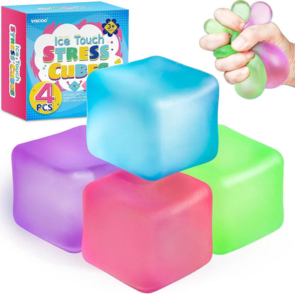 4 Pack Stress Cube, Slow Rising Ice Cube Stress Balls for Adults Kids, Sensory Fidget Toy for Anxiety Relief, Square Shape Squishy Balls for Classroom Prizes, Cube Squishy for Party Favors - US 4525