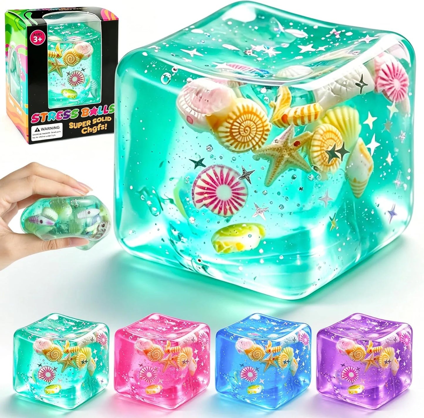 1Pc Ice Cube Squishy Stress Balls,Slow Rising Sensory Fidget Toy with Marine Shells Inside Square Soft Sensory Anxiety Relief Squeeze Cube for Adults Teens Kids(Green) - US 3667