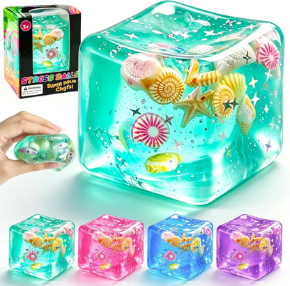 1Pc Ice Cube Squishy Stress Balls,Slow Rising Sensory Fidget Toy with Marine Shells Inside Square Soft Sensory Anxiety Relief Squeeze Cube for Adults Teens Kids(Green) - US 3667
