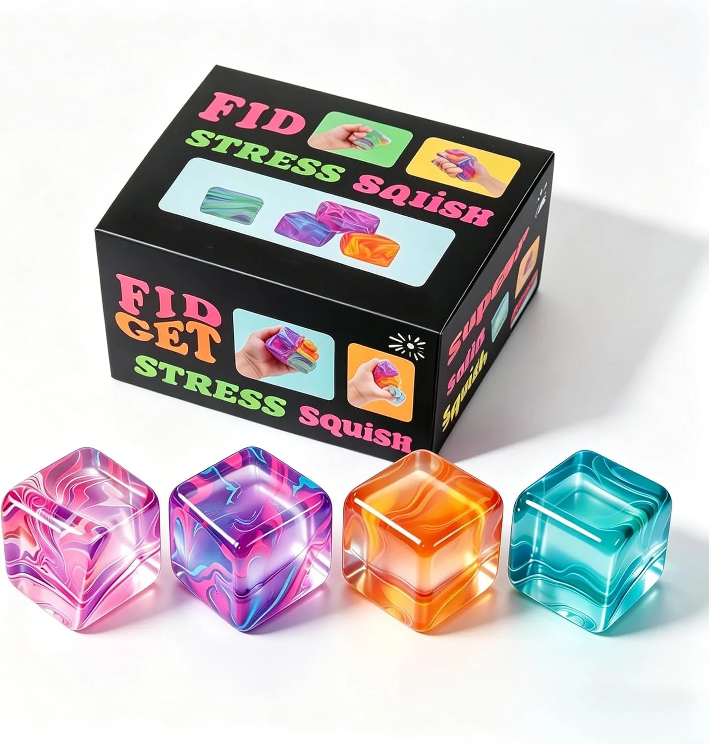 4Pack Fidget Toys Mini Squishy Stress Cube, Stress Balls for Kids, Adults Squishies Anxiety Stress Relief, Ice Squishy Cube Sugar Balls, Sensory Toys for Kids with Autism, Fidgets for Classroom Prize - US 5764