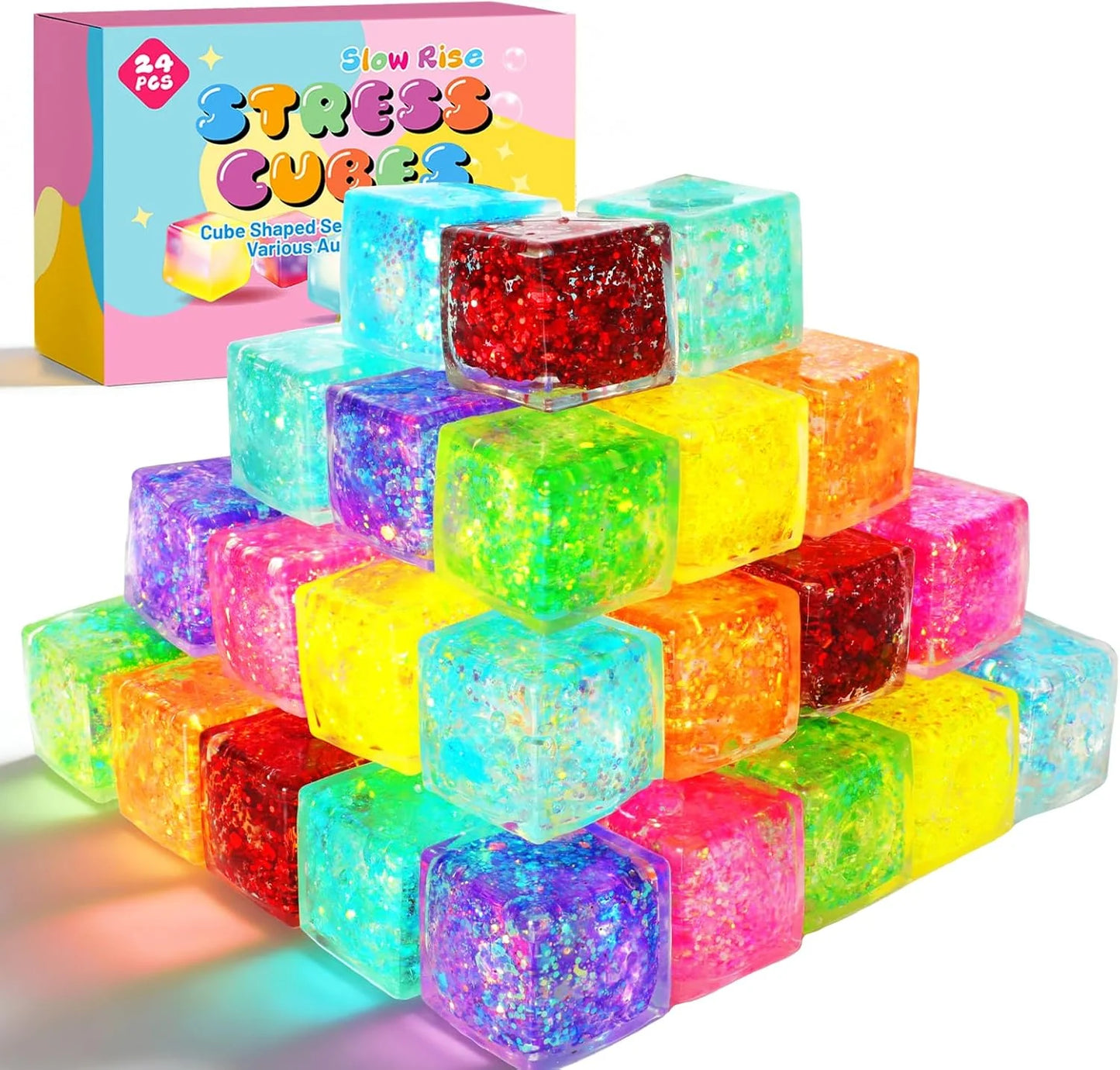 24 Pack Slow Rising Ice Cube Squishy Stress Balls，Stress Cube for Adults Kids , Bulk Taba Squish Fidget Toys, Square Squeeze Toy for Classroom Prizes, Mini Nice Cube Squishy for Party Favors - US 3505