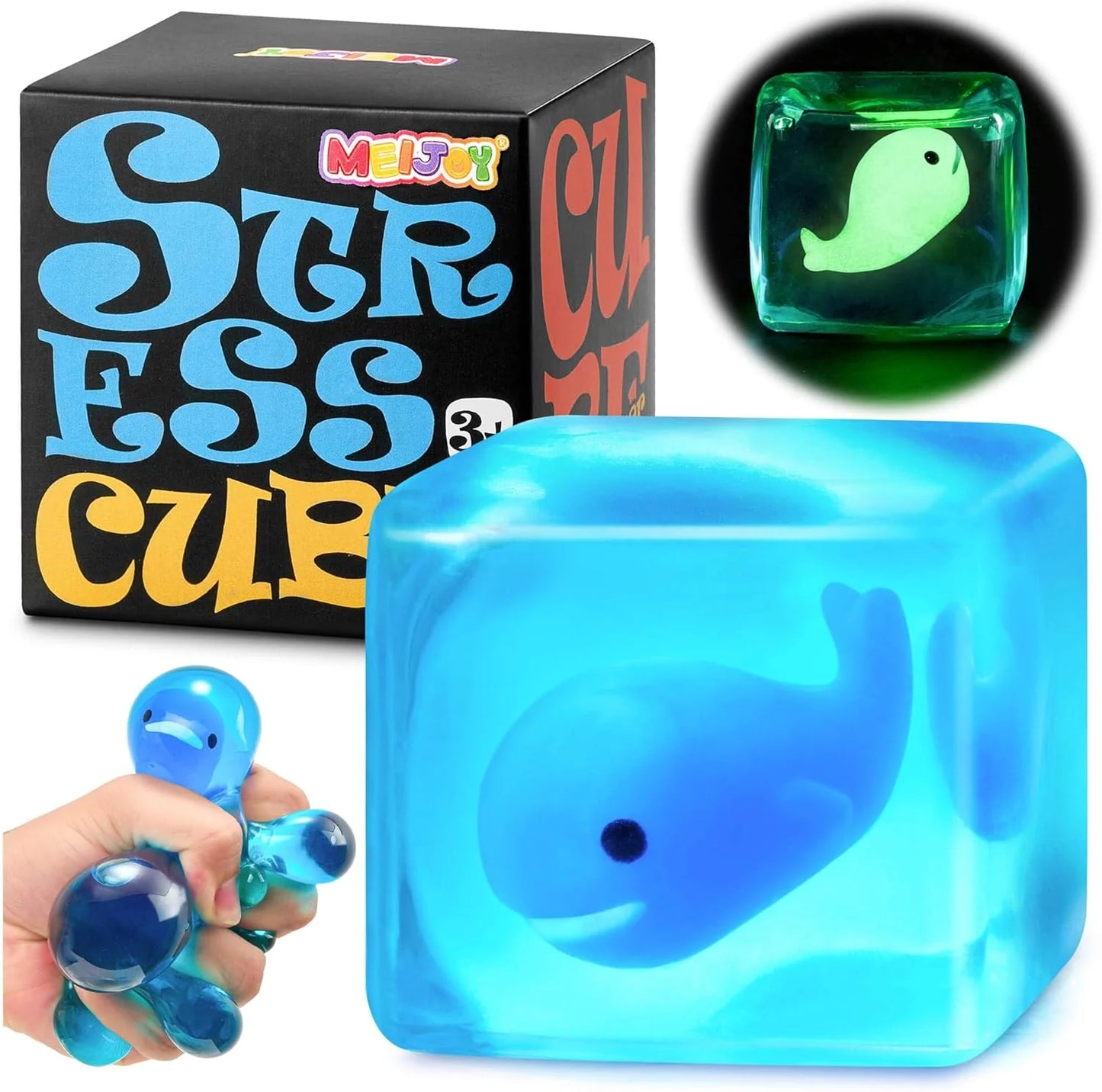 Stress Cube Squishy Fidget Toys Kids Adults - Glow in The Dark Whale Squish Toy Sensory Toys for Kids with Autism Stress Balls for Kids Squeeze Toys for Anxiety Stress Relief Easter Basket Stuffers - US 4335